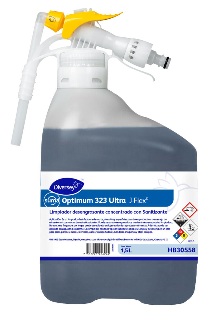 SUMA OPTIMUM 323 ULT. 2x1.5L - Limpiador desengrasante concentrado con sanitizante a base de cuaternario de amonio.